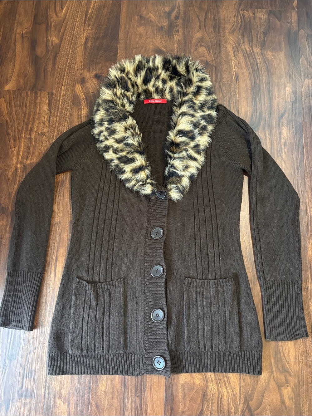 Zena Jeans Brown Knit Button-Front Cardigan with Fur Leopard Collar